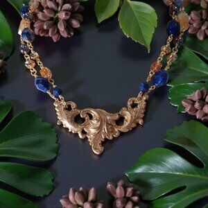 Acanthus Leaf Necklace, Lapis Lazuli Citrine Chain